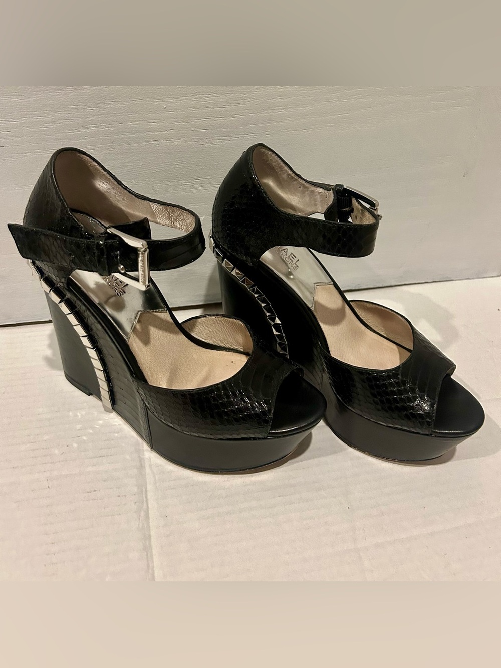 Michael Kors Black Textured Platform Wedge Sandals with Stud Detail